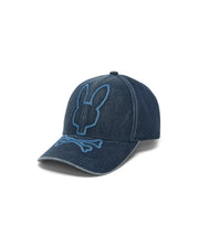 Kids' Grover Baseball Cap in washed dark blue denim, featuring a large light blue outline embroidered Psycho Bunny skull logo on the front and a perforated brim. (2)