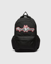 Black KIDS PAL BACKPACK with a large, centered white and red Psycho Bunny skull logo, featuring a front zip pocket and side pockets, made from durable woven fabric. (5)