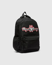 Kids Pal Backpack in black durable nylon, featuring a large central embroidered Psycho Bunny skull logo with red and white accents, a front zip pocket, and side mesh pocket. (1)