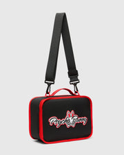 Black Kids Pal Lunch Box with vibrant red piping and handle, featuring a prominent white and red Psycho Bunny skull and text logo on the front, complete with a detachable shoulder strap. (1)