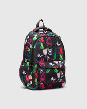 Kids Quintin Backpack, black durable fabric with a bold, all-over neon graffiti print featuring various Psycho Bunny skull and bunny outline logos, plus colorful paint splatters. (1)