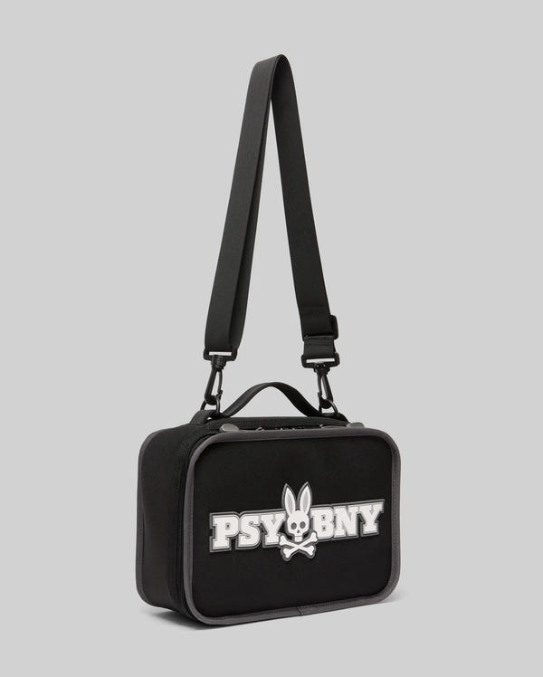 The Psycho Bunny Lunch Box (KO2400002) is a black rectangular shoulder bag with a handle, adjustable strap, insulated interior, and features the white Psycho Bunny logo with "PSYBNY" on the front, set against a light gray background.