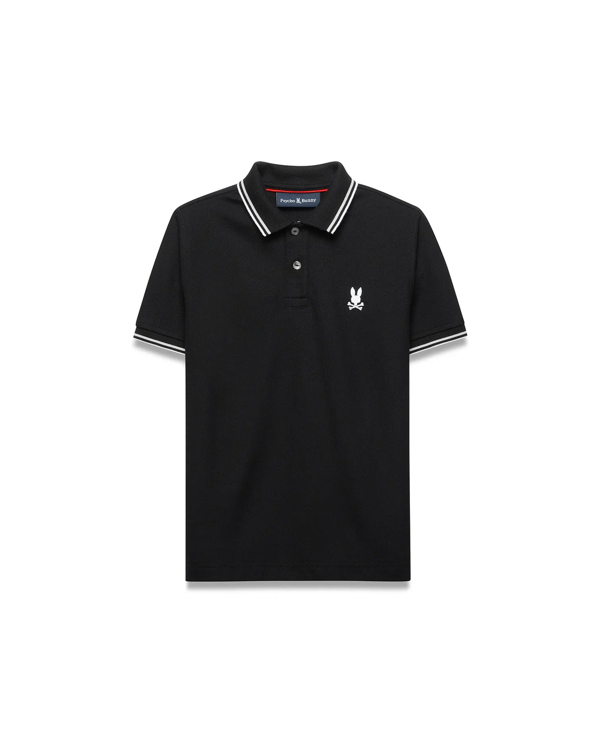 Kids Stan Pique Polo. Black classic fit pique polo with white double-striped collar and cuffs, red neck tape, and small white embroidered Psycho Bunny skull logo on left chest. (5)