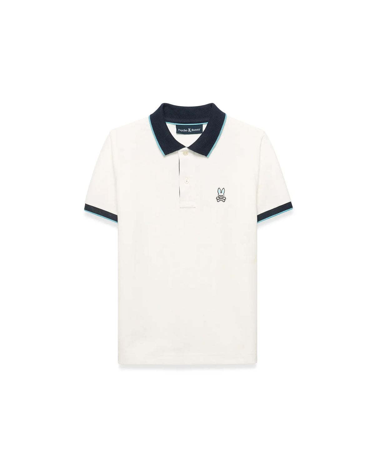 Kids' Klaus Pique Polo in cream, a classic fit pique knit shirt with a navy collar and cuffs accented by light blue stripes, featuring a small embroidered Psycho Bunny skull logo on the left chest.