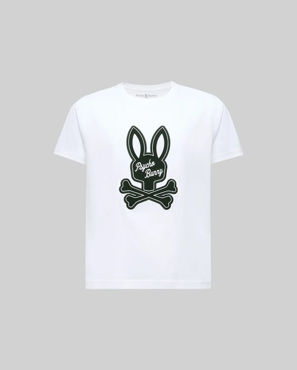 The KIDS DEREK CENTER GRAPHIC TEE (KT0200006) by Psycho Bunny is a white Pima cotton t-shirt with a large dark green bunny skull and crossbones graphic featuring "Psycho Bunny" in the head, shown on a plain gray background.