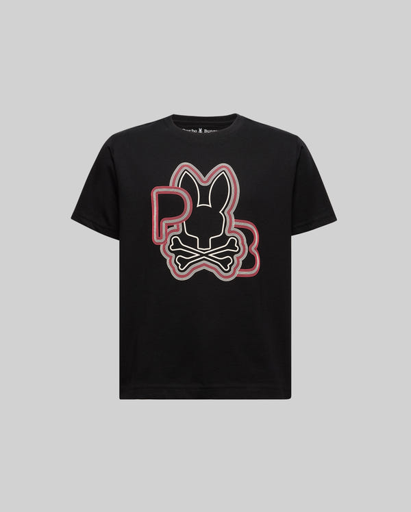 The Psycho Bunny KIDS CARLO GRAPHIC TEE (KT0200009) is a black Pima cotton crewneck with a large stylized bunny head and crossbones logo in bold red and white, “PB” letters in the background, shown on a plain gray backdrop.