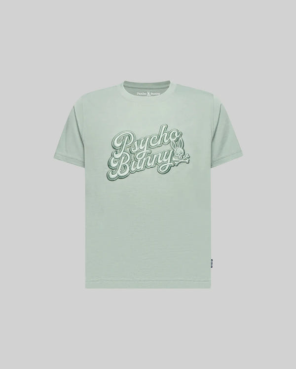 The KIDS ELIAS GRAPHIC TEE (KT0200013) by Psycho Bunny is a light green, soft Pima cotton t-shirt with "Psycho Bunny" in bold script and a retro bunny graphic, short sleeves, and a classic crew neck.