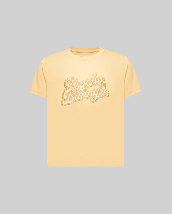The KIDS ELIAS GRAPHIC TEE - KT0200013 by Psycho Bunny is a light yellow Pima cotton short-sleeve shirt, featuring "Psycho Bunny" in white cursive and a small bunny graphic on the front, shown against a plain gray background.