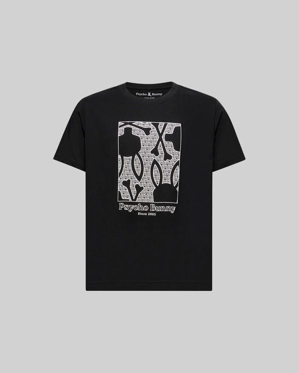 The Psycho Bunny KIDS GLENN GRAPHIC TEE (KT0200020) is a black 100% Pima cotton shirt with a bold bunny head and crossed bones graphic plus "Psycho Bunny Since 2005," shown on a plain gray background.