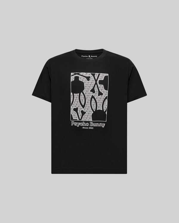 The Psycho Bunny KIDS GLENN GRAPHIC TEE (KT0200020) is a black 100% Pima cotton shirt with a bold bunny head and crossed bones graphic plus "Psycho Bunny Since 2005," shown on a plain gray background.