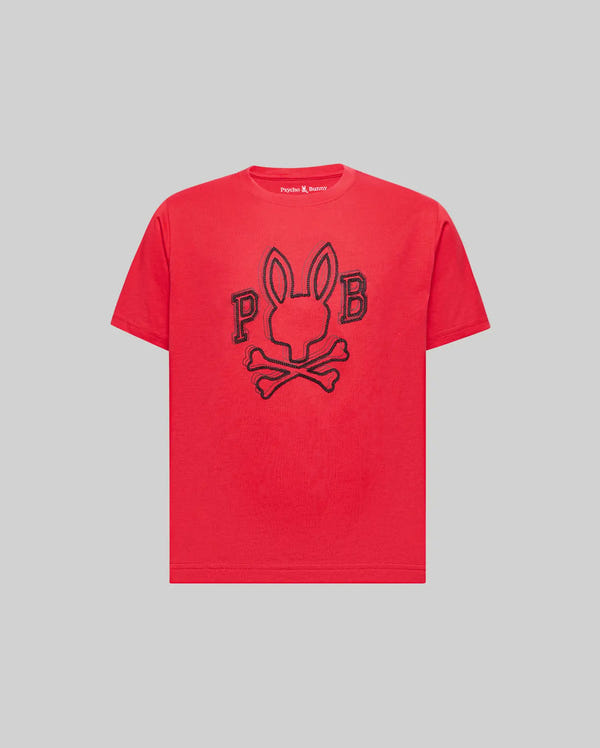 Add a bold touch to your kid's wardrobe with the KIDS BALES GRAPHIC TEE by Psycho Bunny—crafted in red Pima cotton and featuring a striking Big Bunny print with "P" and "B" beside a bunny head above crossed bones.