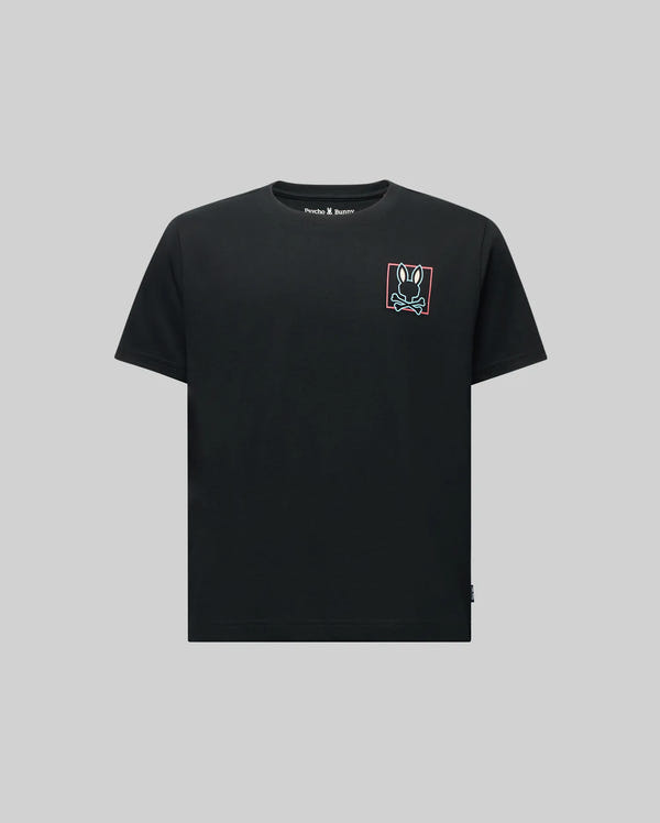 The KIDS JESSE GRAPHIC TEE (KT0200031) by Psycho Bunny is a black short-sleeved Pima cotton t-shirt, featuring a small patch of a white peace-sign hand in a red square on the left chest, shown on a plain gray background.