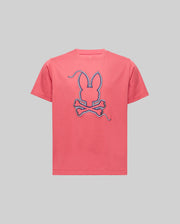 The KIDS CYRUS GRAPHIC TEE - KT0200047 by Psycho Bunny is a pink Pima cotton tee with a large bunny head and crossbones in a rope-like outline, evoking a sailor's spirit, shown against a plain gray background.