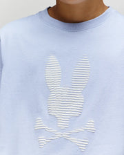 A close-up shows a person wearing the Psycho Bunny KIDS GRANT BUNNY GRAPHIC TEE (KT0200061) in light blue Pima cotton, featuring a textured white bunny skull and crossbones. Only the lower half of the face and upper torso are visible.