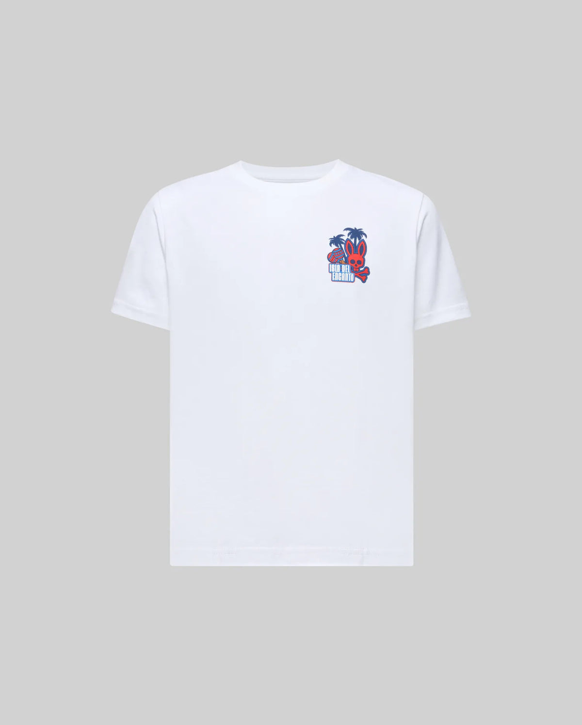 The Psycho Bunny KIDS PUERTO RICO TEE (KT0200133) features a white Pima cotton short sleeve and a small, colorful red crab and blue palm tree graphic on the chest—ideal for adding Puerto Rico vibes to any outfit.