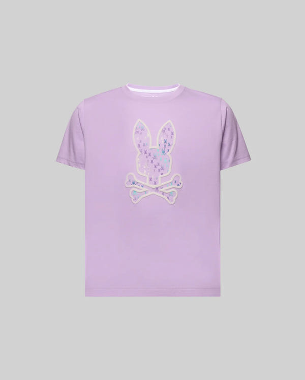 Kids Nev Bunny Graphic Tee in lavender, classic fit jersey knit, featuring a large central Psycho Bunny skull logo graphic filled with a repeating pastel bunny pattern, outlined in cream.