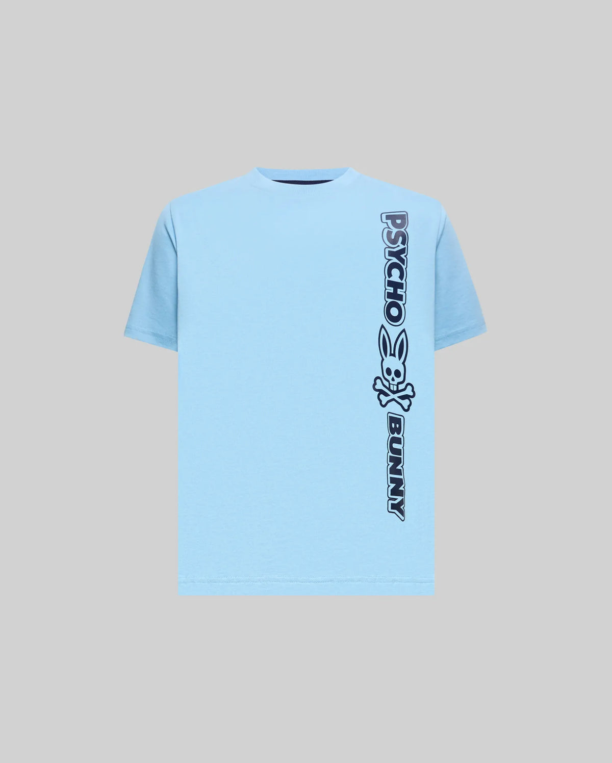Kids Toby Wordmark Tee, a light blue classic fit jersey knit t-shirt featuring a large, vertical dark blue Psycho Bunny wordmark graphic with the iconic bunny skull on the left side.