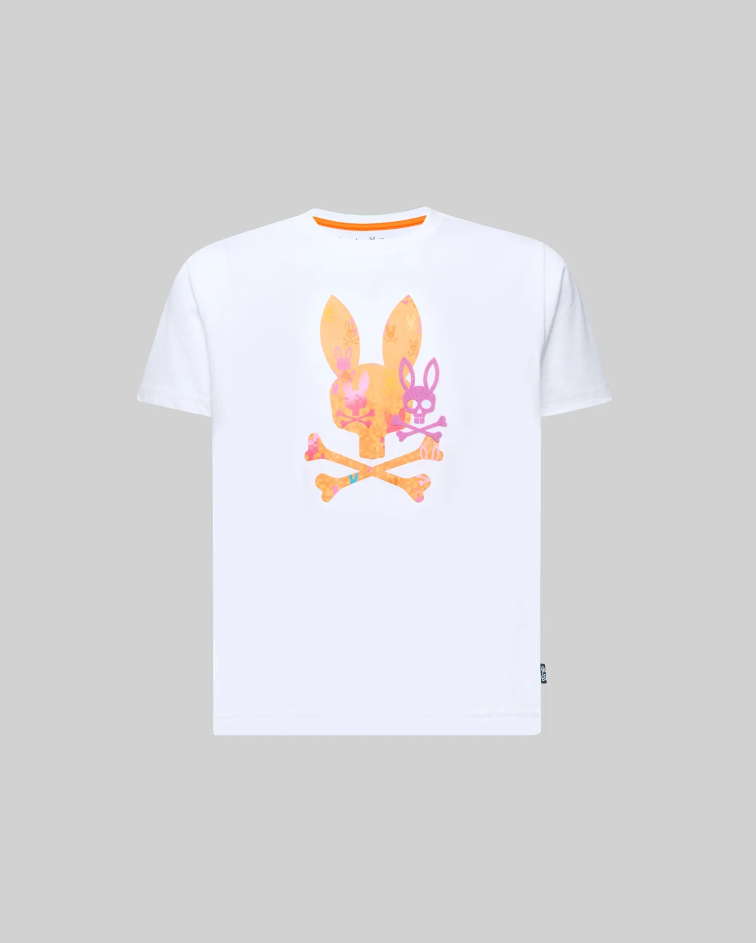 Kids Van Graphic Tee: White classic fit jersey t-shirt featuring a large, vibrant orange and pink tie-dye-style Psycho Bunny skull graphic on the chest, with an orange inner collar trim and small branded hem tag.