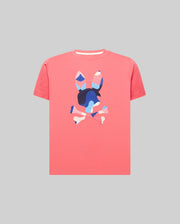 Kids Ara Graphic Tee in coral jersey knit, featuring a large, centered Psycho Bunny skull logo with a vibrant blue, light blue, pink, and white camouflage pattern.