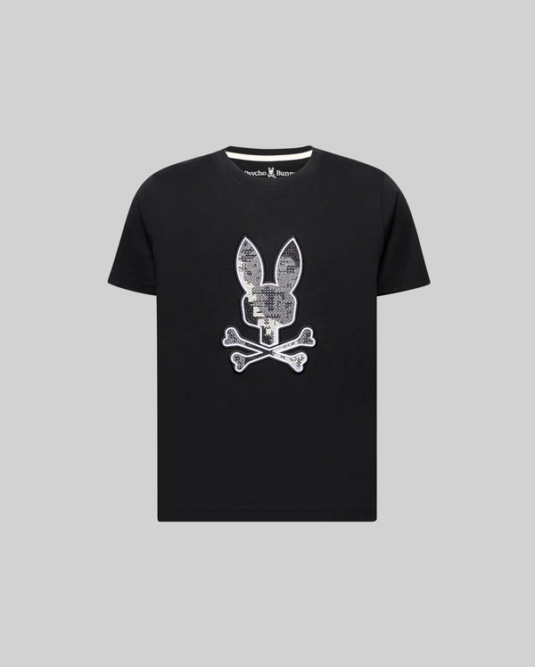 Kids Olivier Graphic Tee, black classic fit jersey knit with a large white and silver textured bunny skull and crossbones chest graphic and small Psycho Bunny text on the inner collar.