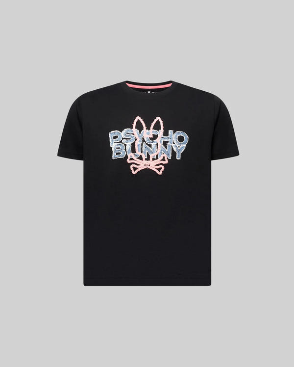Kids Herman Graphic Tee. Black classic fit jersey t-shirt with a large central chest graphic of blue textured denim-look Psycho Bunny text and a pink bunny skull outline.