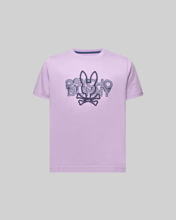 Kids Herman Graphic Tee in lavender, a classic fit jersey knit with a large, central distressed dark blue Psycho Bunny skull logo graphic and navy inner collar trim.