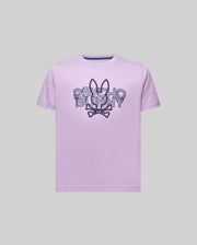 Kids Herman Graphic Tee in lavender, a classic fit jersey knit with a large, central distressed dark blue Psycho Bunny skull logo graphic and navy inner collar trim.