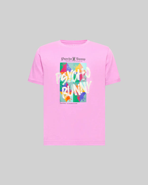 Pink Kids Vale Graphic Tee, classic fit jersey, with a large multicolor Psycho Bunny Museum of Modern Art graphic print on the chest, featuring the iconic skull logo and Im All Ears text.