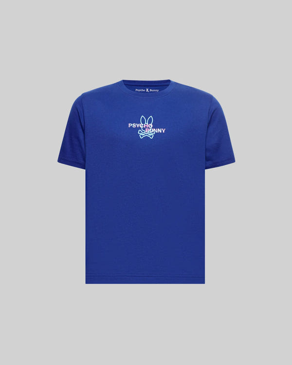 Kids Raze Back Graphic Tee in royal blue, classic fit, soft jersey knit. Features a large gradient pink and purple Psycho Bunny logo graphic on the chest and a small embroidered back neck logo.