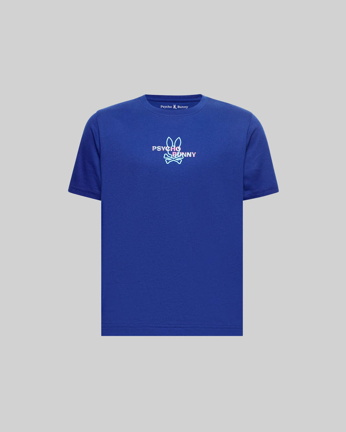 Kids Raze Back Graphic Tee in royal blue, classic fit, soft jersey knit. Features a large gradient pink and purple Psycho Bunny logo graphic on the chest and a small embroidered back neck logo.