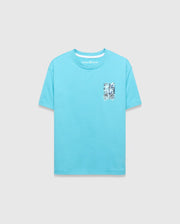Kids Isaac Relaxed Fit Tee in aqua jersey, featuring a small Psycho Bunny text logo on the back neck and a chest pocket with a distressed bunny skull graphic print. (5)