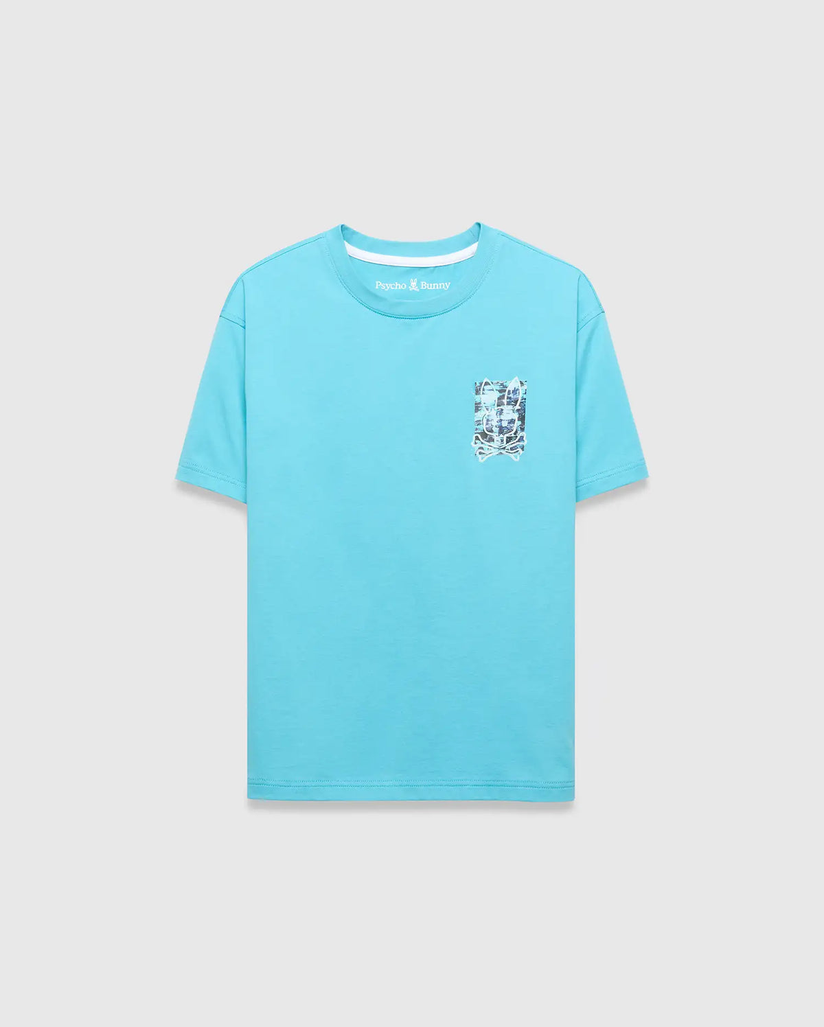 Kids Isaac Relaxed Fit Tee in aqua jersey, featuring a small Psycho Bunny text logo on the back neck and a chest pocket with a distressed bunny skull graphic print. (5)