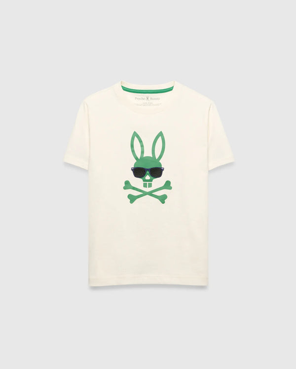 Kids Sunny Graphic Tee, cream classic fit jersey t-shirt featuring a large green Psycho Bunny skull and crossbones graphic with dark sunglasses on the center chest and green inner neckline trim.