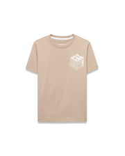 Beige Kids Conan Back Graphic Tee in classic fit jersey knit, featuring a large white 3D Psycho Bunny text graphic on the front and a small neck label bunny skull logo. (5)