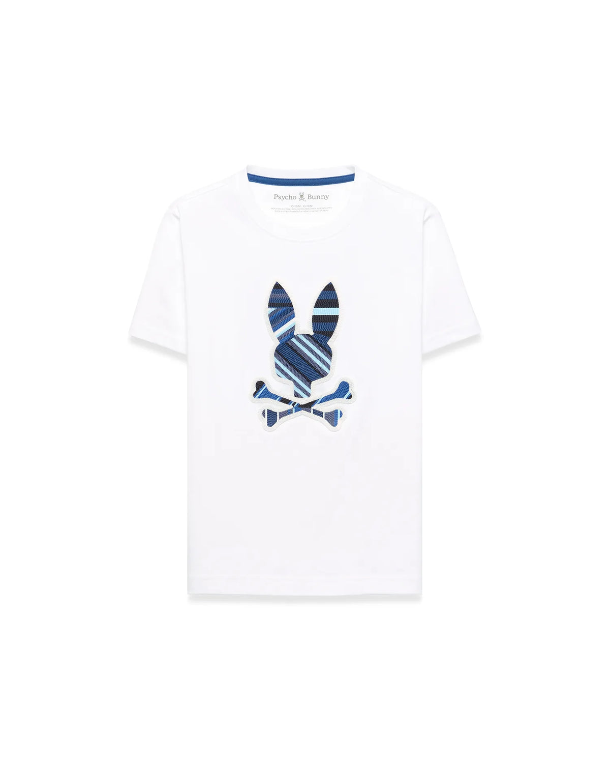 Kids Drew Embroidered Graphic Tee, white classic fit jersey knit with a large central embroidered Psycho Bunny skull logo featuring blue, navy, and light blue stripes. (1)