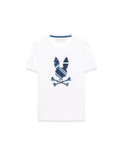 Kids Drew Embroidered Graphic Tee, white classic fit jersey knit with a large central embroidered Psycho Bunny skull logo featuring blue, navy, and light blue stripes. (1)