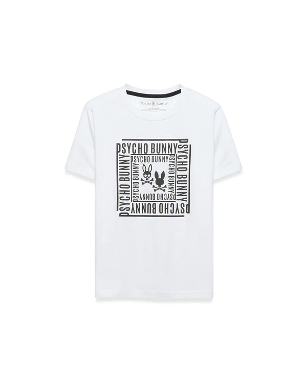 Kids' Raj Pima Graphic Tee, a white classic fit Pima cotton jersey t-shirt with a large black central chest graphic featuring the iconic Psycho Bunny skull logo framed by repeating PSYCHO BUNNY text.