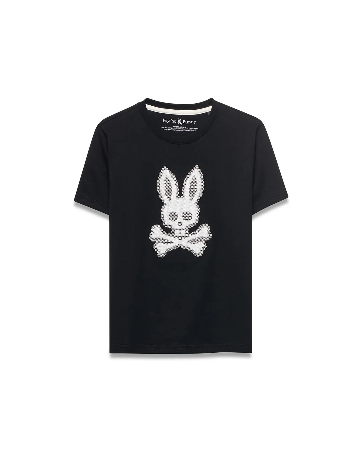 Kids' Samson Pima Graphic Tee, black classic fit Pima cotton jersey with a large white textured Psycho Bunny skull logo graphic centered on the chest. (1)