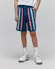 Kids Cliff Knit Short, a relaxed fit knit short featuring bold vertical stripes in teal, pink, light blue, white, and navy, with a comfortable drawstring waist. (1)