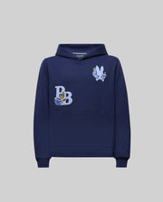 The KIDS AUGUSTE HOODIE - KT0500019 by Psycho Bunny is a navy cotton fleece, regular fit hoodie with a front pocket, "PB" embroidered monogram, and chenille floral detailing on a white-blue rabbit patch on the chest.