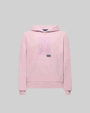 The KIDS GRANT HOODIE - KT0500020 by Psycho Bunny is a light pink premium cotton hoodie with a front pocket and a bunny with crossbones line art on the chest, shown in regular fit against a plain gray background.