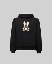 The KIDS WADE CORD PATCH HOODIE (KT0500031) by Psycho Bunny is a black athletic hoodie in a premium cotton blend, with a front pocket and an embroidered Bunny patch on the chest, shown against a plain gray background.