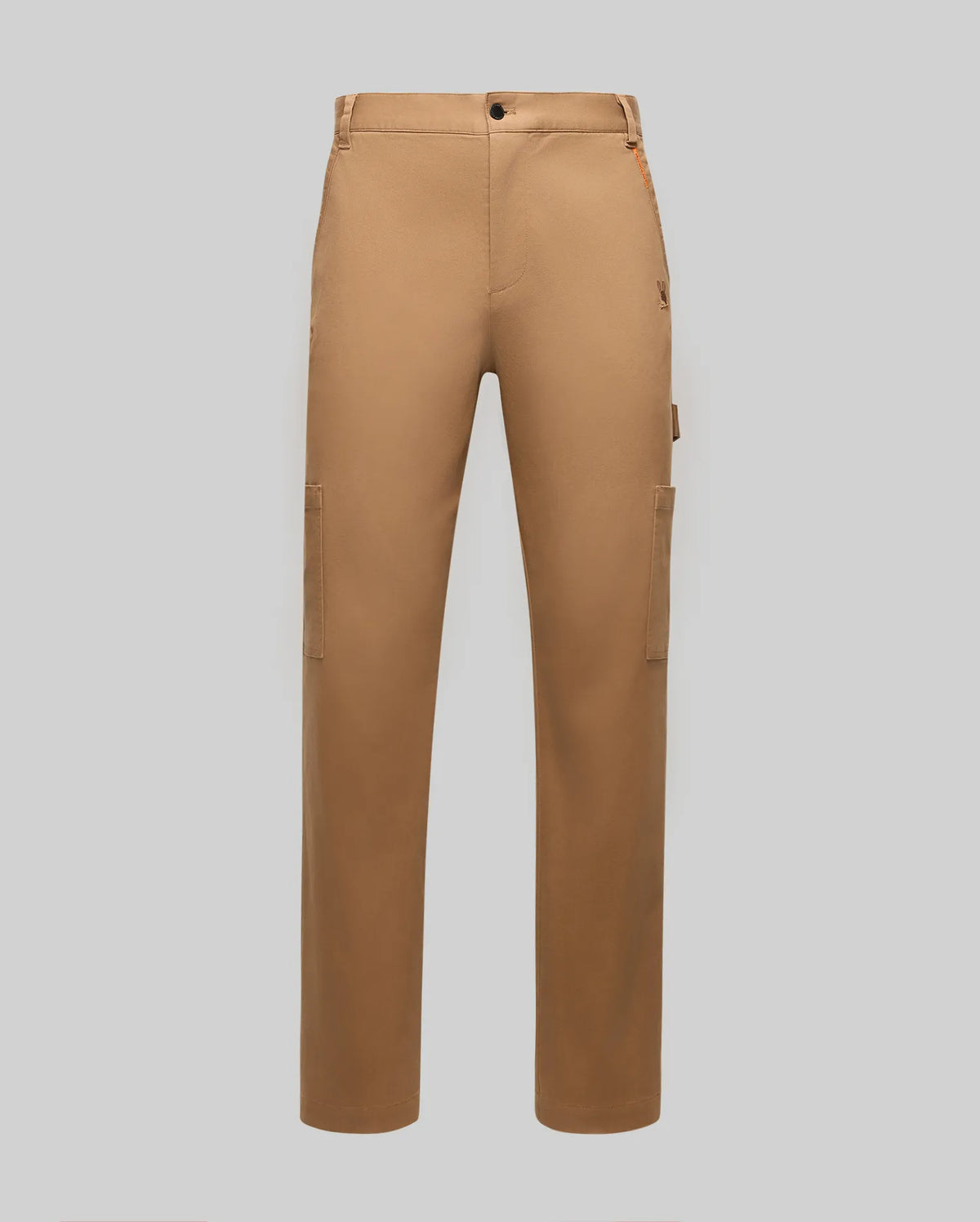The Psycho Bunny MENS RUSSELL CARPENTER PANT - MB0600005 features a tan straight-leg regular fit, side pockets, button closure, and a practical hammer loop—shown against a plain light grey background.