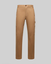The Psycho Bunny MENS RUSSELL CARPENTER PANT - MB0600005 features a tan straight-leg regular fit, side pockets, button closure, and a practical hammer loop—shown against a plain light grey background.