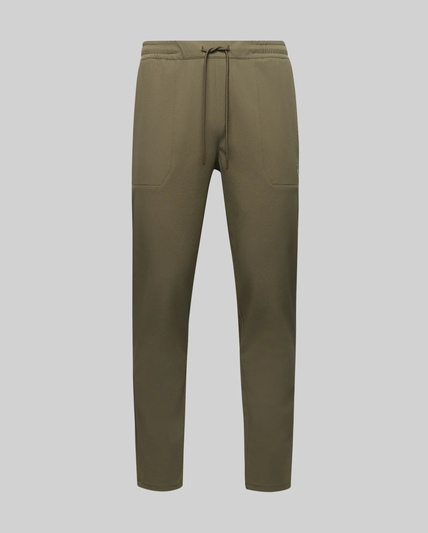 The Psycho Bunny MENS BEN TECH JOGGER PULL ON (MB0600013) features an olive green polyester-spandex blend, drawstring waist, two front pockets, and tapered legs, shown on a plain light grey background.