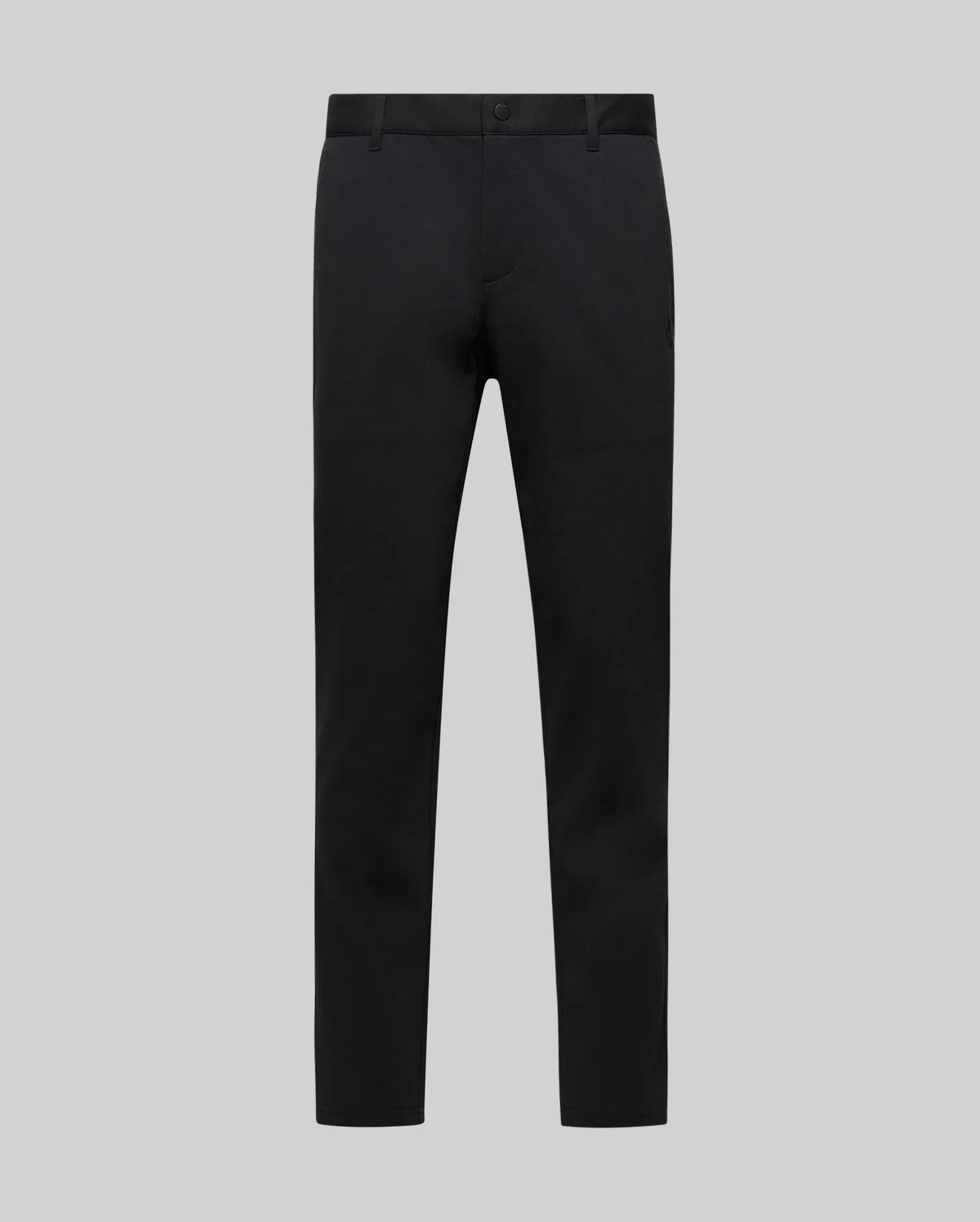The Psycho Bunny MENS EDWARD PANT - MB0600014 features black cotton straight-leg trousers with belt loops and a button closure, displayed on a plain light gray background. Made in Vietnam.