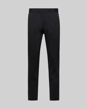 The Psycho Bunny MENS EDWARD PANT - MB0600014 features black cotton straight-leg trousers with belt loops and a button closure, displayed on a plain light gray background. Made in Vietnam.