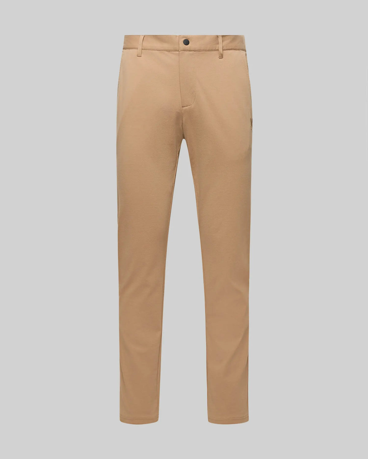 The Psycho Bunny MENS EDWARD PANT - MB0600014 features tan, straight-leg chinos made from cotton woven fabric with belt loops, front pockets, button closure, and zip fly, shown on a plain light gray background.