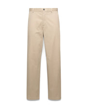 Mens Aidan Chino Pant in classic fit beige smooth cotton chino fabric, featuring a flat front, button closure, and belt loops. (5)