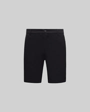 Black Mens Shiro Twill Short, classic fit, featuring a refined twill fabric texture and a small embroidered Psycho Bunny skull logo on the lower left leg.